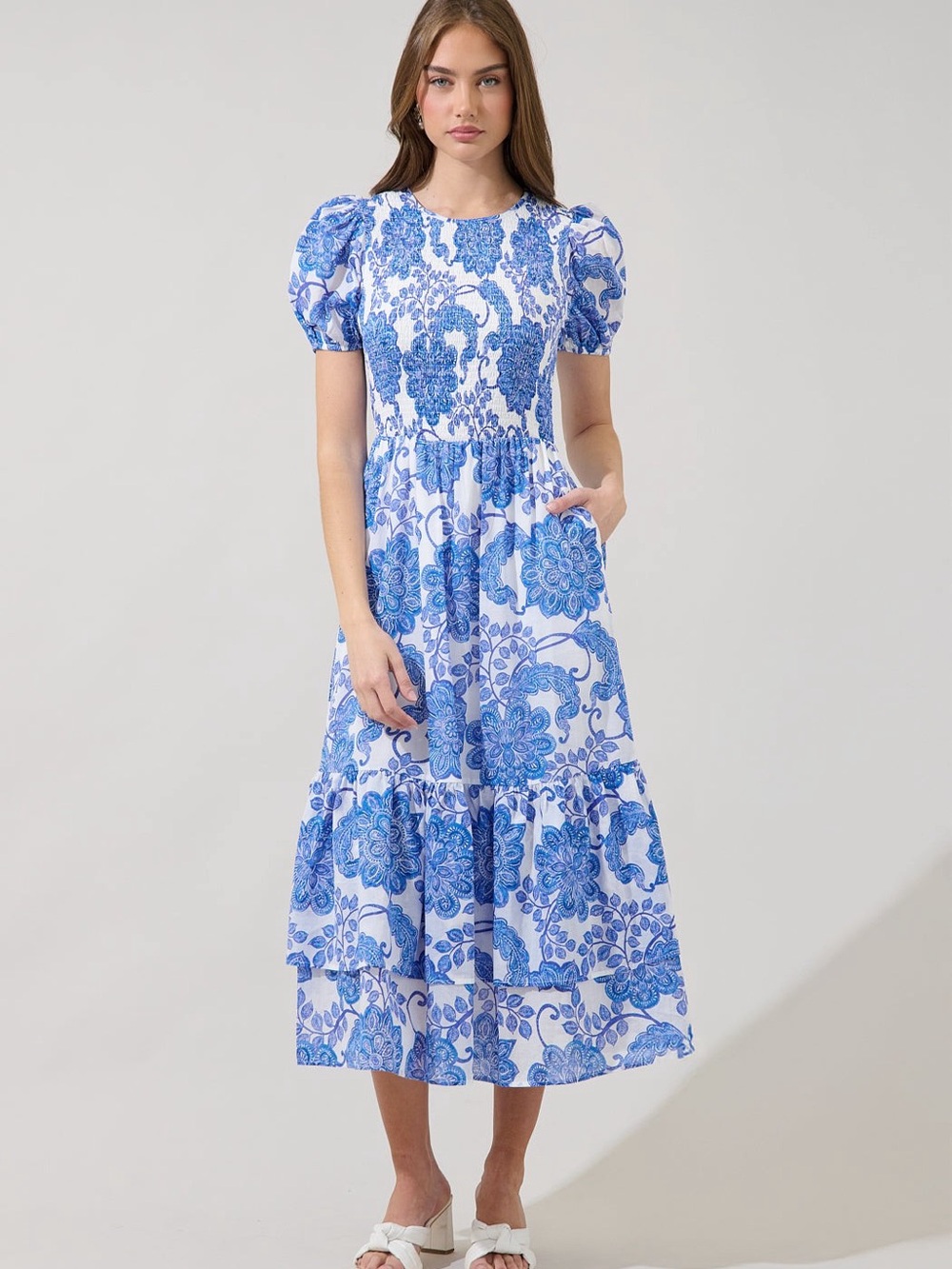 Blue White Floral Puff Sleeve Smocked Midi Dress Pockets Cotton Cottagecore NEW